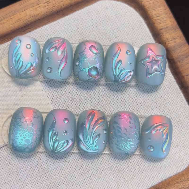 Nail Art Fake Nails - 10Pcs Ocean Secret Realm Blue Matte