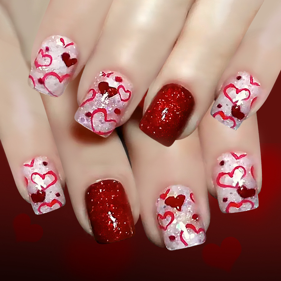 Nail Art Valentine - Short Square Glossy Press On Nails