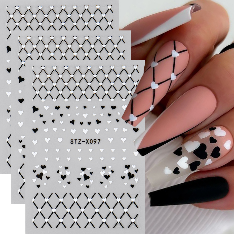 Nail Art Valentine - 2/3pcs Black White Love Heart Nail