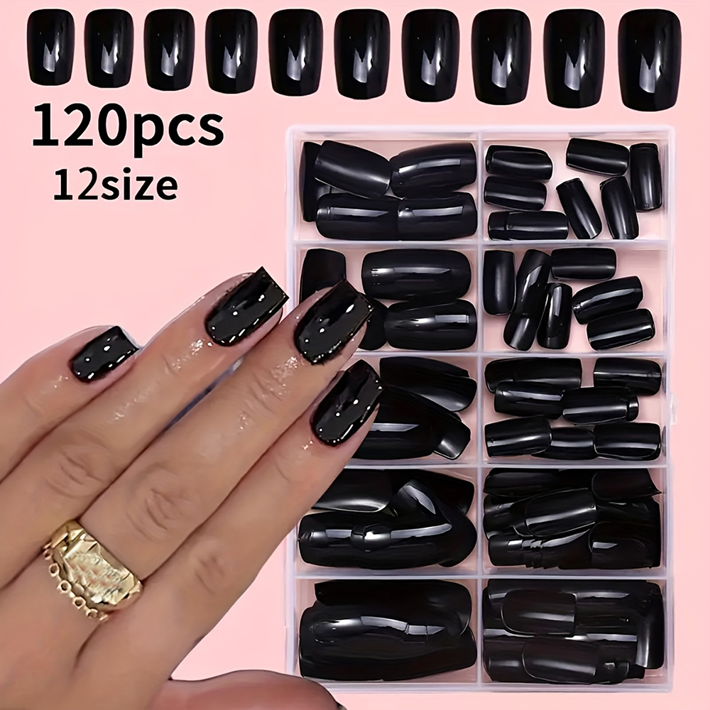 Nail Art Fake Nails - 120Pcs Glossy Black Medium Square Fake