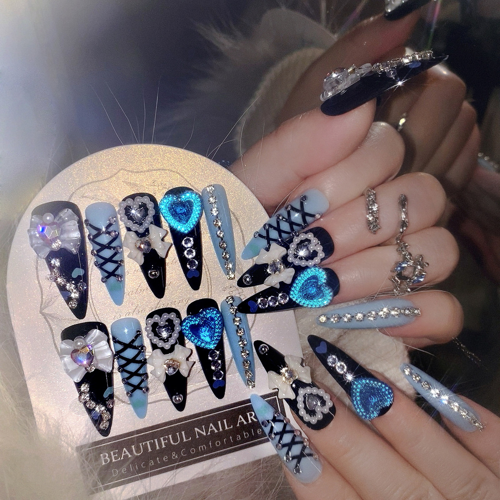 Nail Art Press On - 24pcs 3D Bow Decor False Nails
