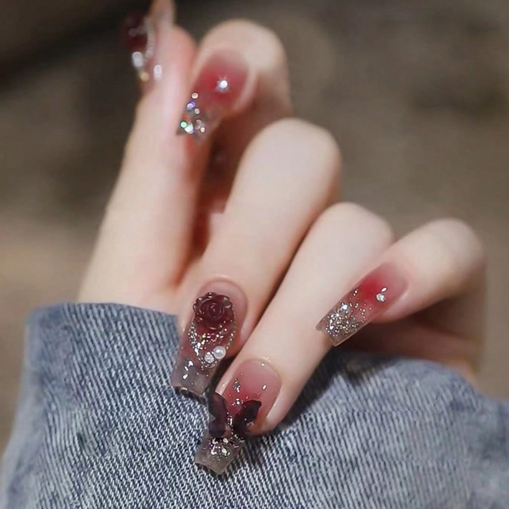 Nail Art Fake Nails - 24Pcs Red Rose Butterfly Press On