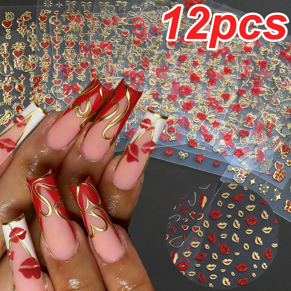 Nail Art Valentine - 12pcs Bronzing Red Heart Valentine Nail