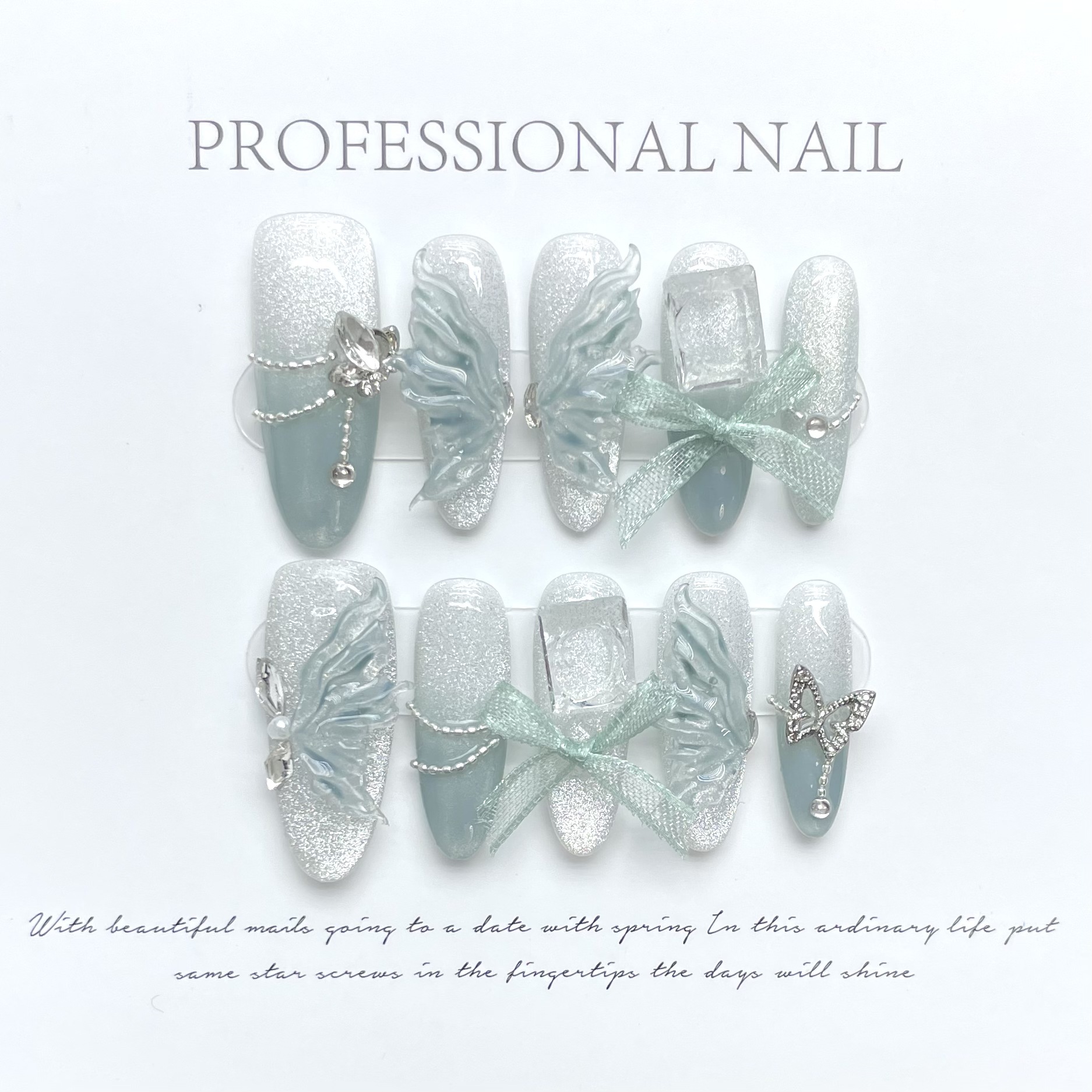 Nail Art Fake Nails - 10pcs Pure Hand Pressed Long Oval