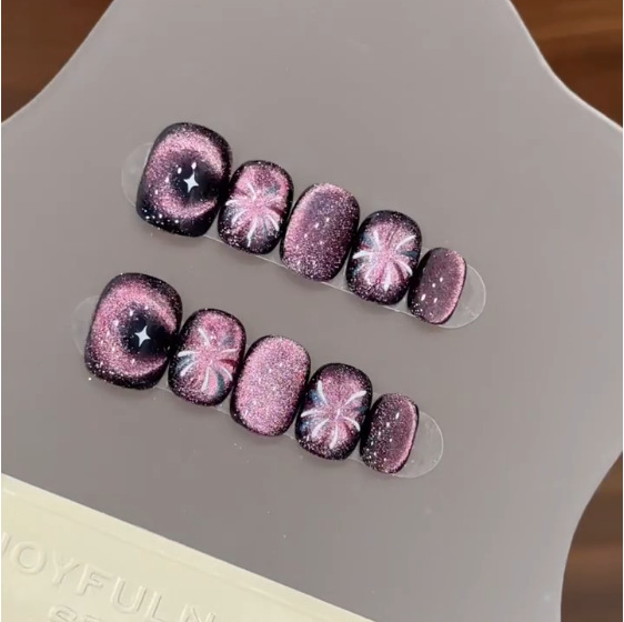 Nail Art Fake Nails - 10Pcs Purple Short Round Head Press