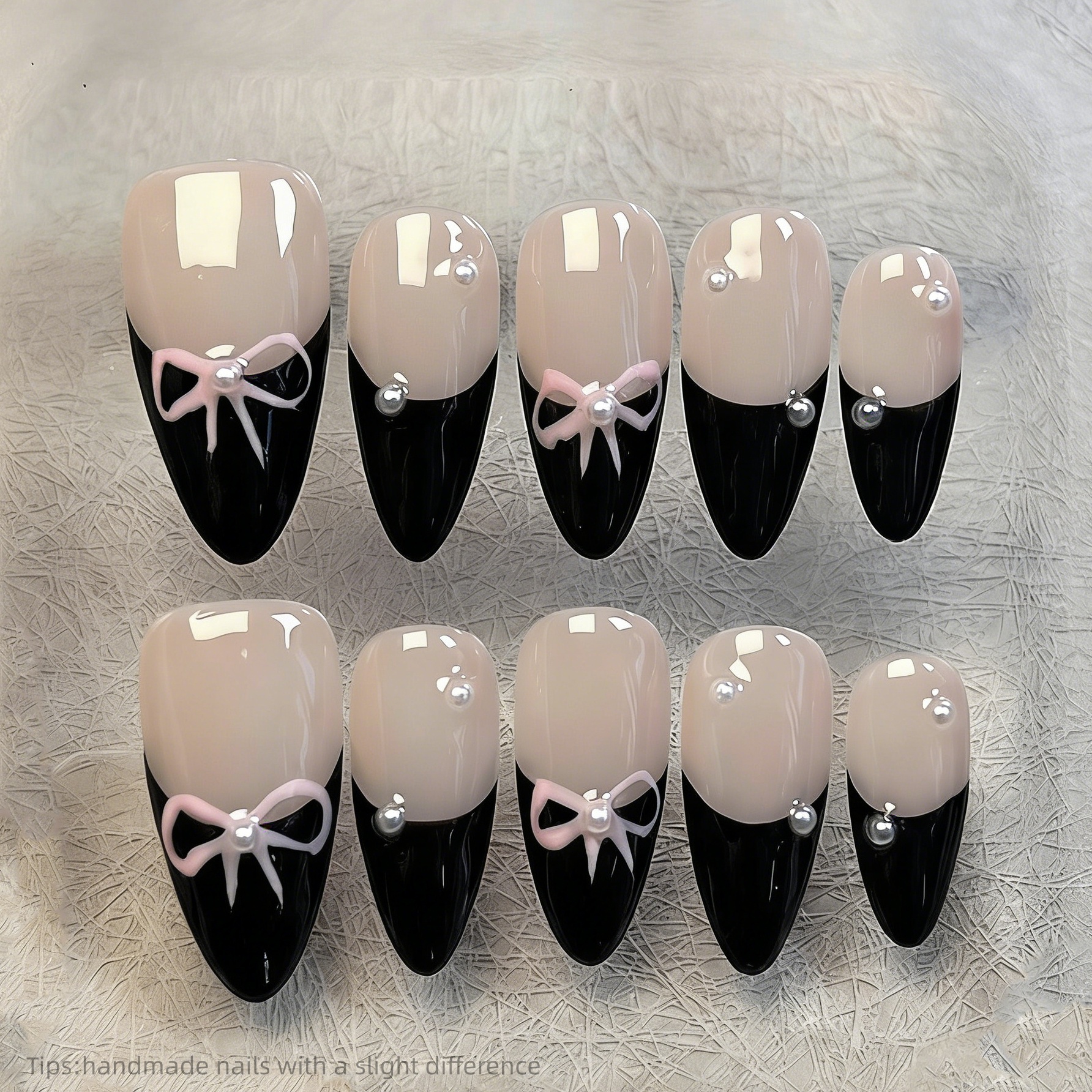 Nail Art Glossy - 10pcs Black French False Nails Bowknots