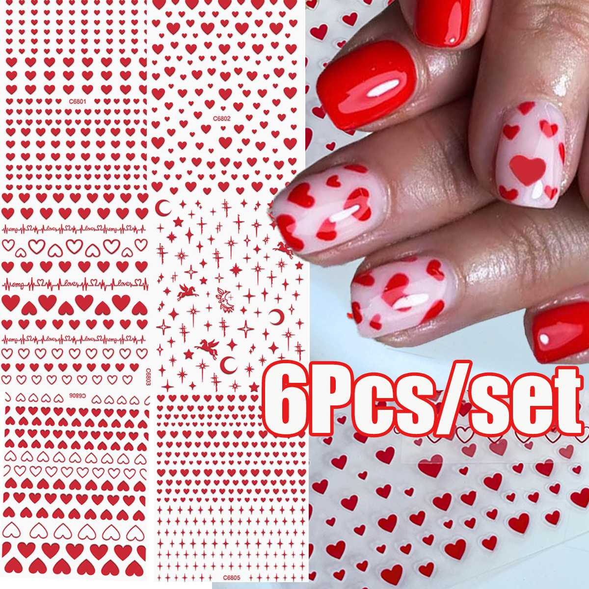 Nail Art Valentine - 6Pcs/Kit Valentines Day 3D Red Love