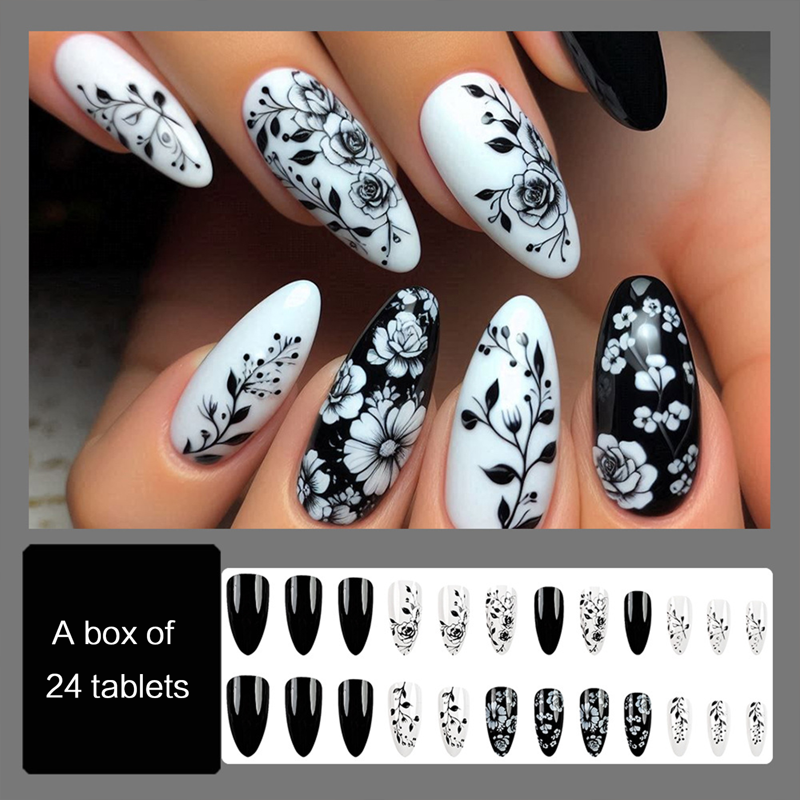 24Pcs Almond Fake Nails Black/ - Nail Art Press On reseña y precio