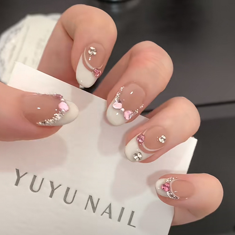 10Pcs White French Pink Heart  - Nail Art Press On reseña y precio