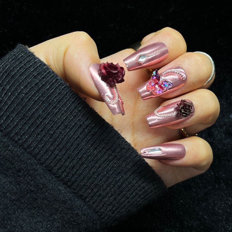10PCS Rose Gold Press on Nails - Nail Art Burgundy reseña y precio