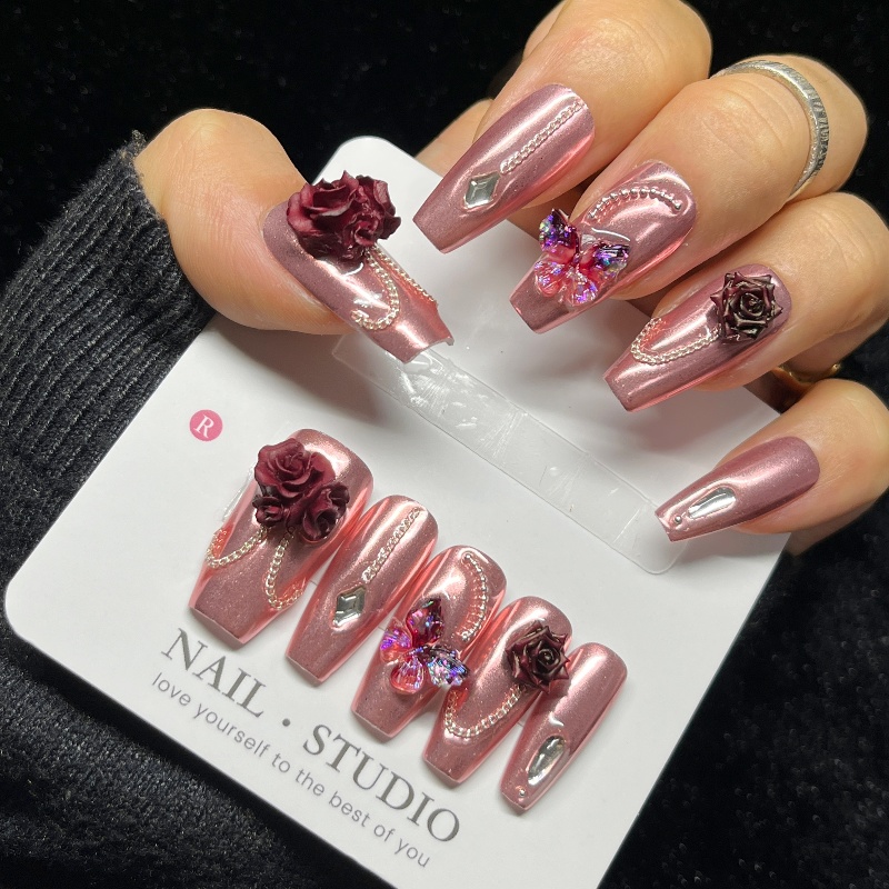 10PCS Rose Gold Press on Nails - Nail Art Burgundy reseña y precio