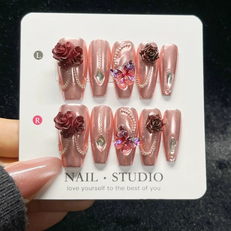 10PCS Rose Gold Press on Nails - Nail Art Burgundy reseña y precio